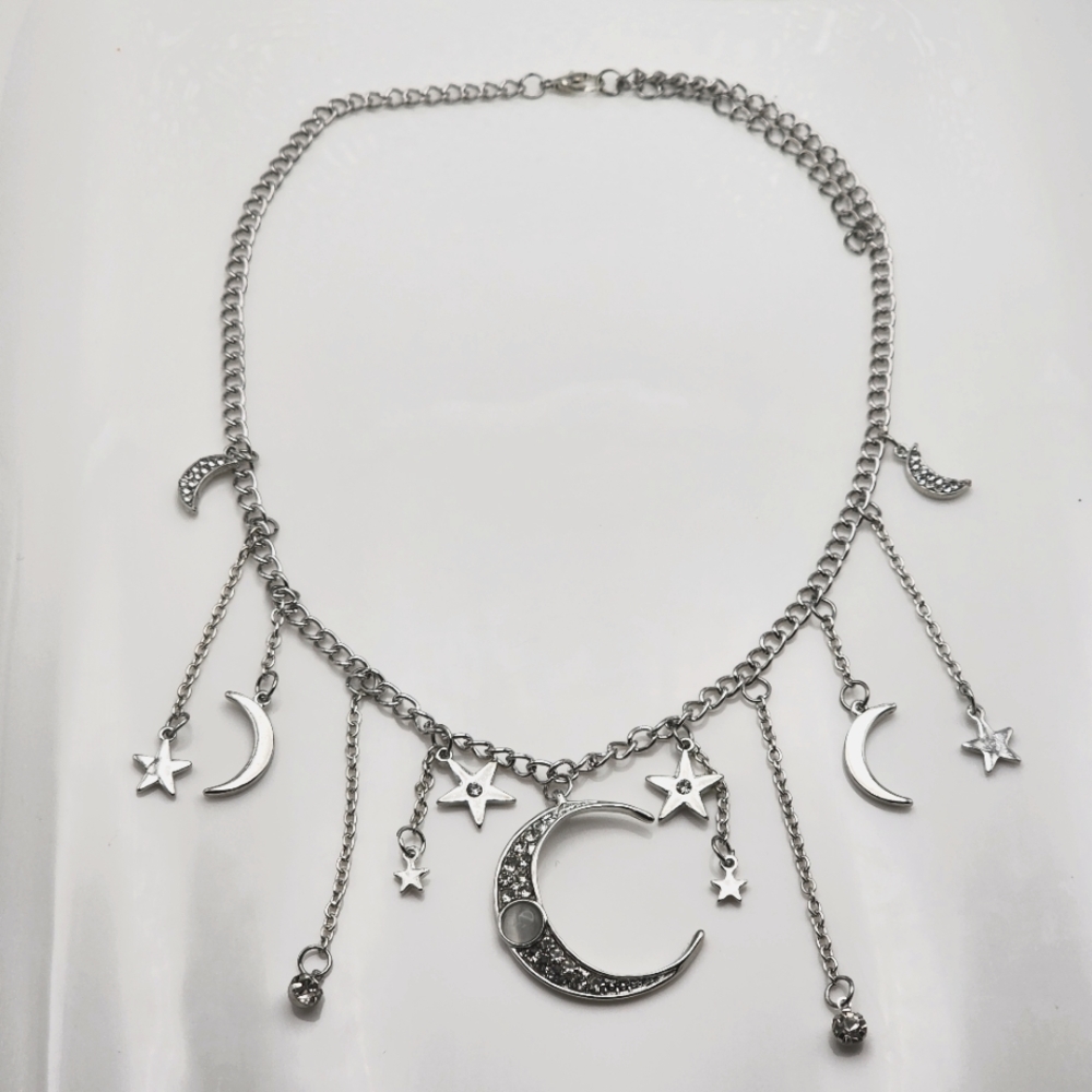 Silver Crescent Moon Star Necklace - Picture 3 of 9
